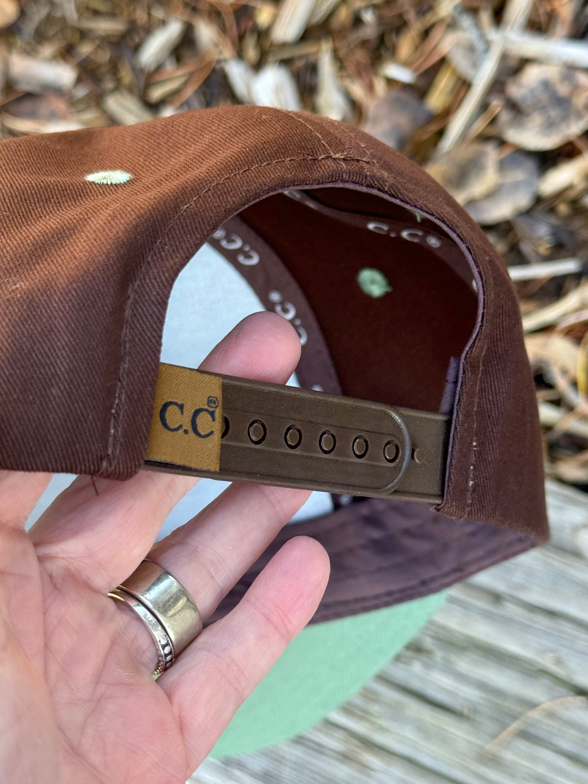 Hand painted wearable art on brown/green canvas baseball cap - mountain scenes