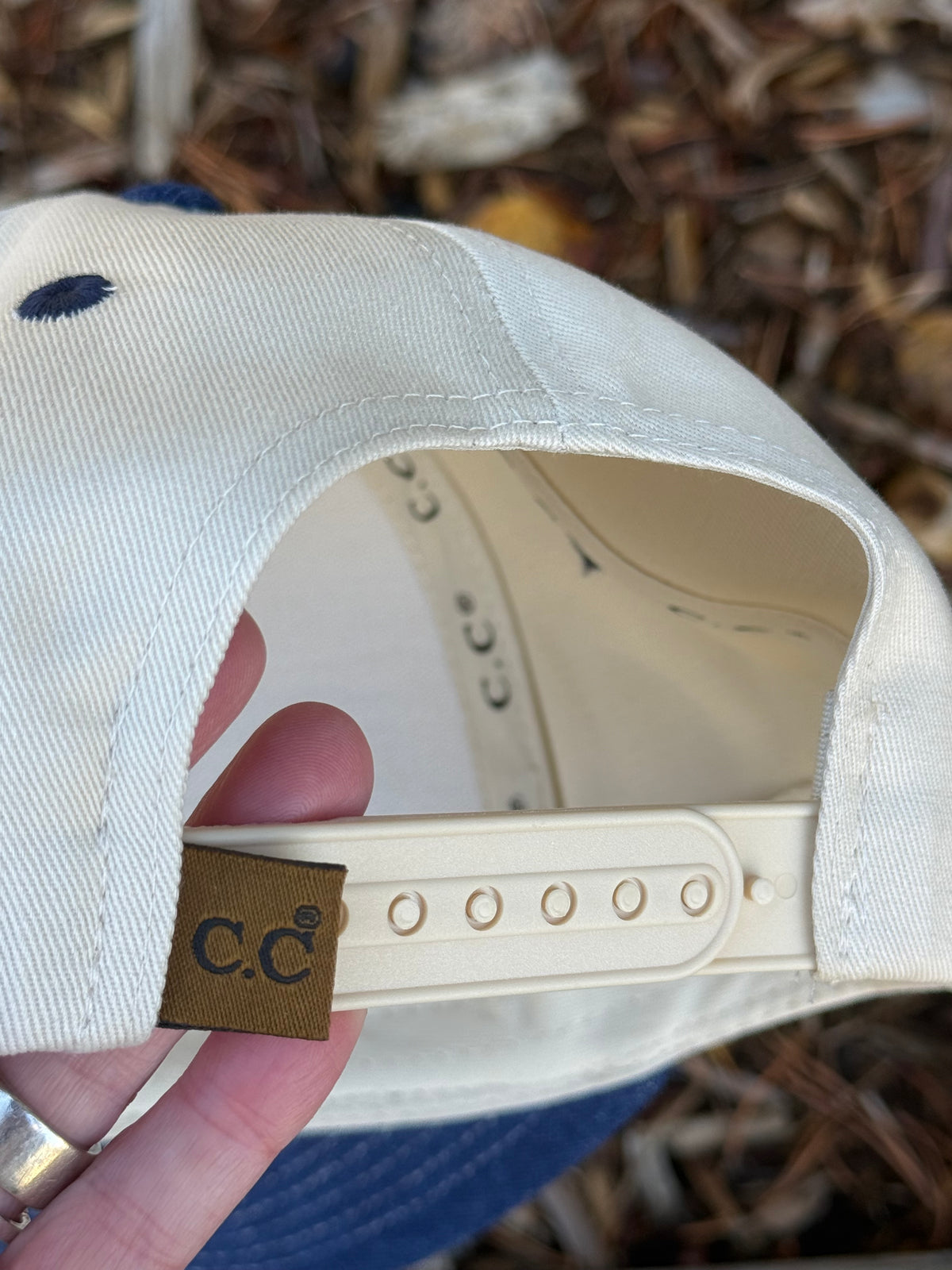 Hand painted wearable art painted on cream/denim blue baseball cap - landscape