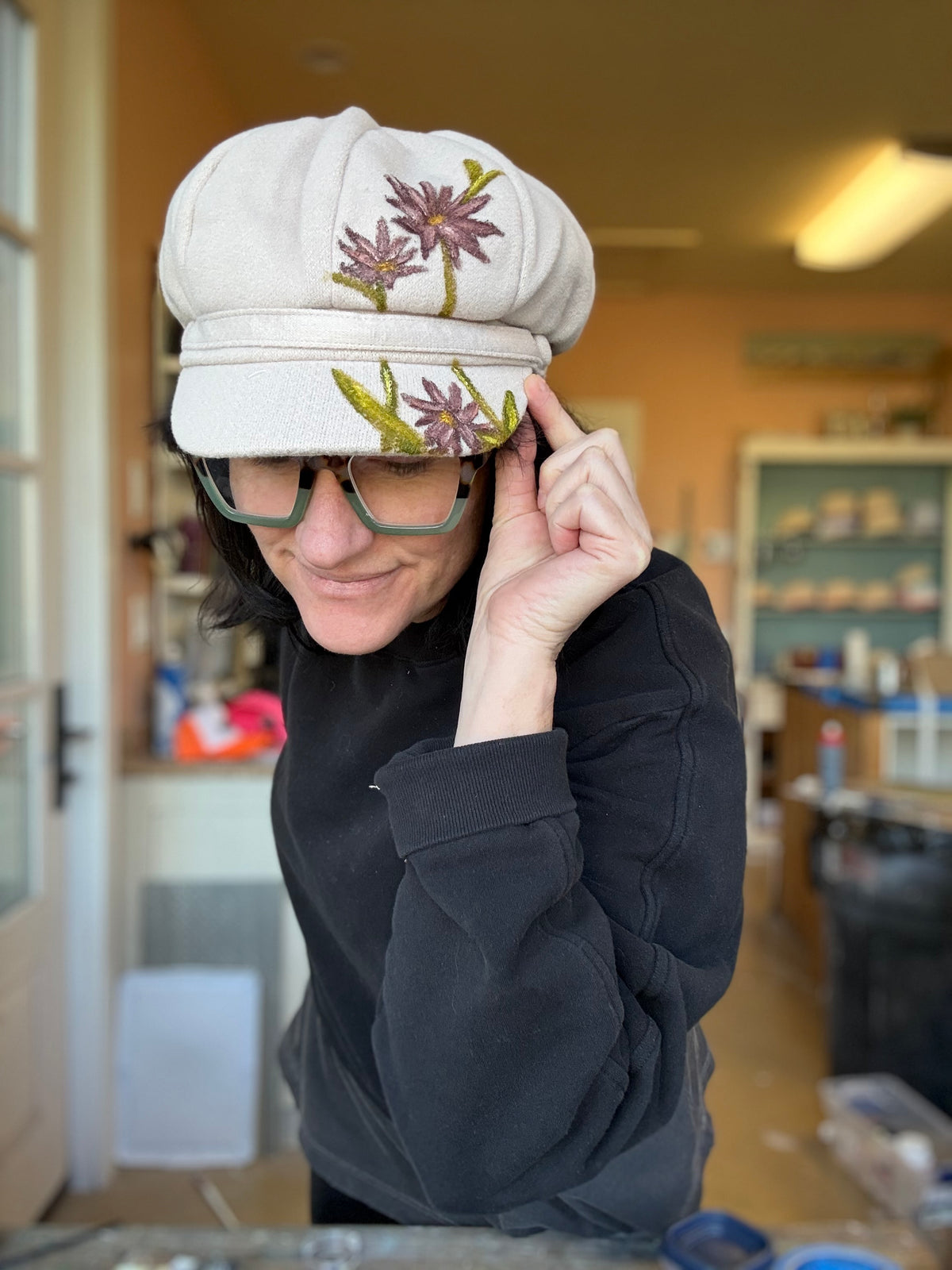 Hand painted wearable art on soft polyester newsboy cap - wildflowers cabbie hat