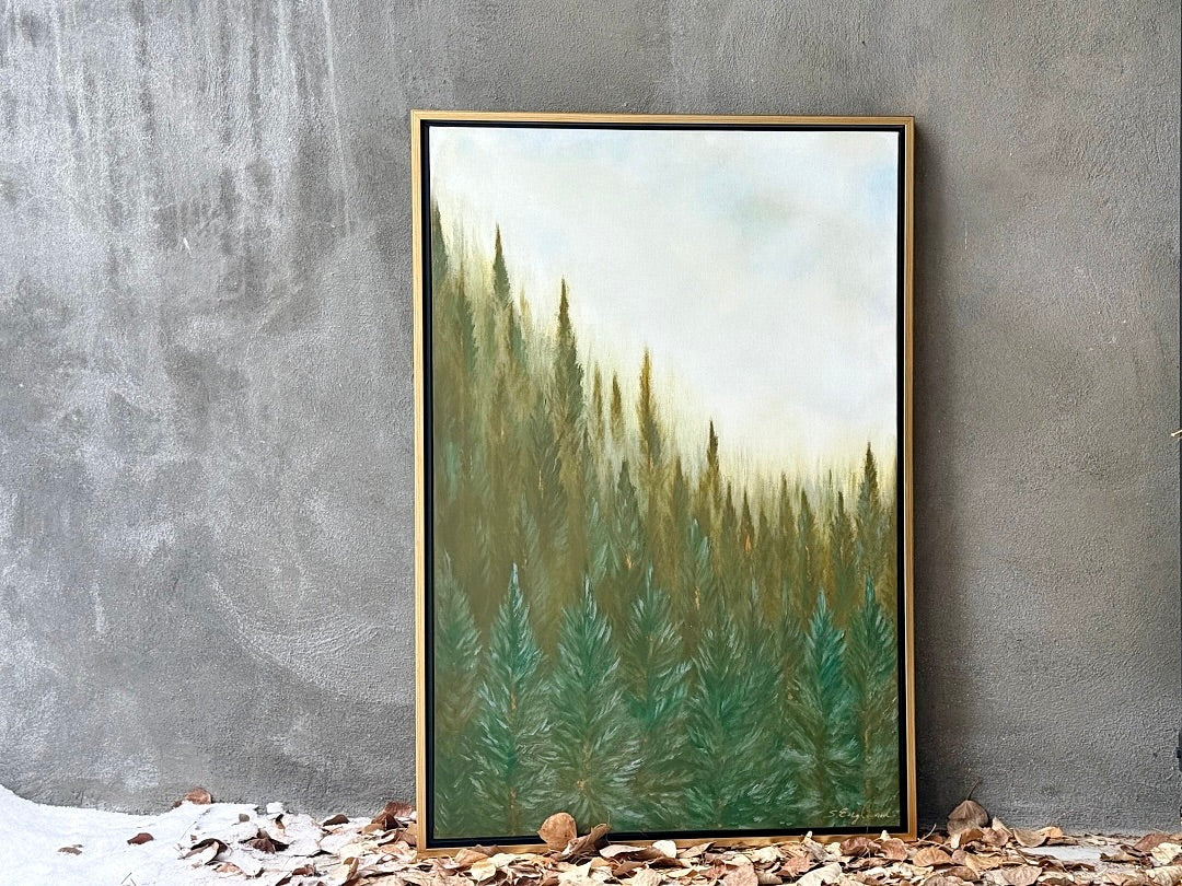 OIive and sap green trees both modern and realism create this contemporary vertical landscape oil painting.