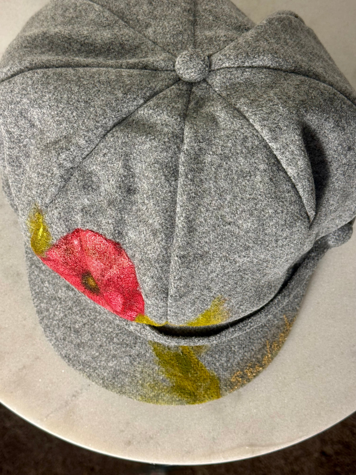 Hand painted wearable art on soft polyester heather grey newsie cap - red poppy
