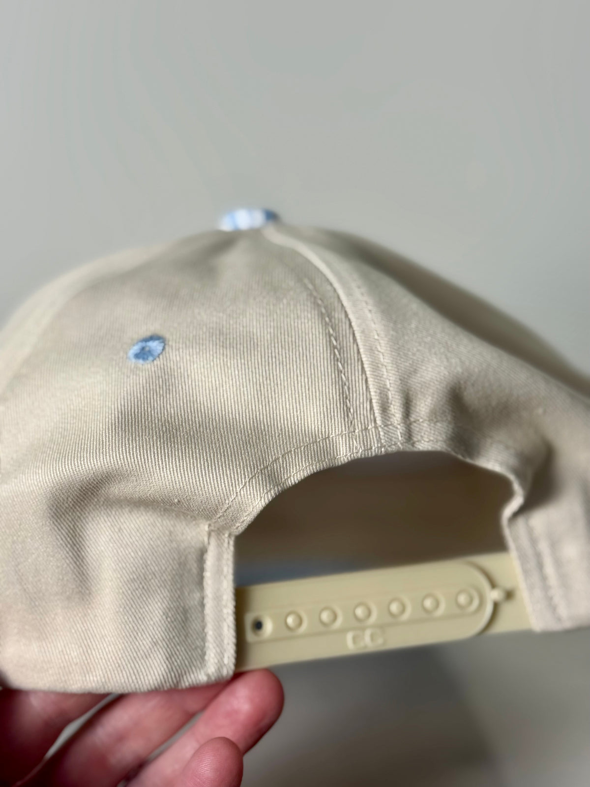 Wearable art - Hand painted on tan canvas hat with baby blue and tan stripped brim - mountainscape