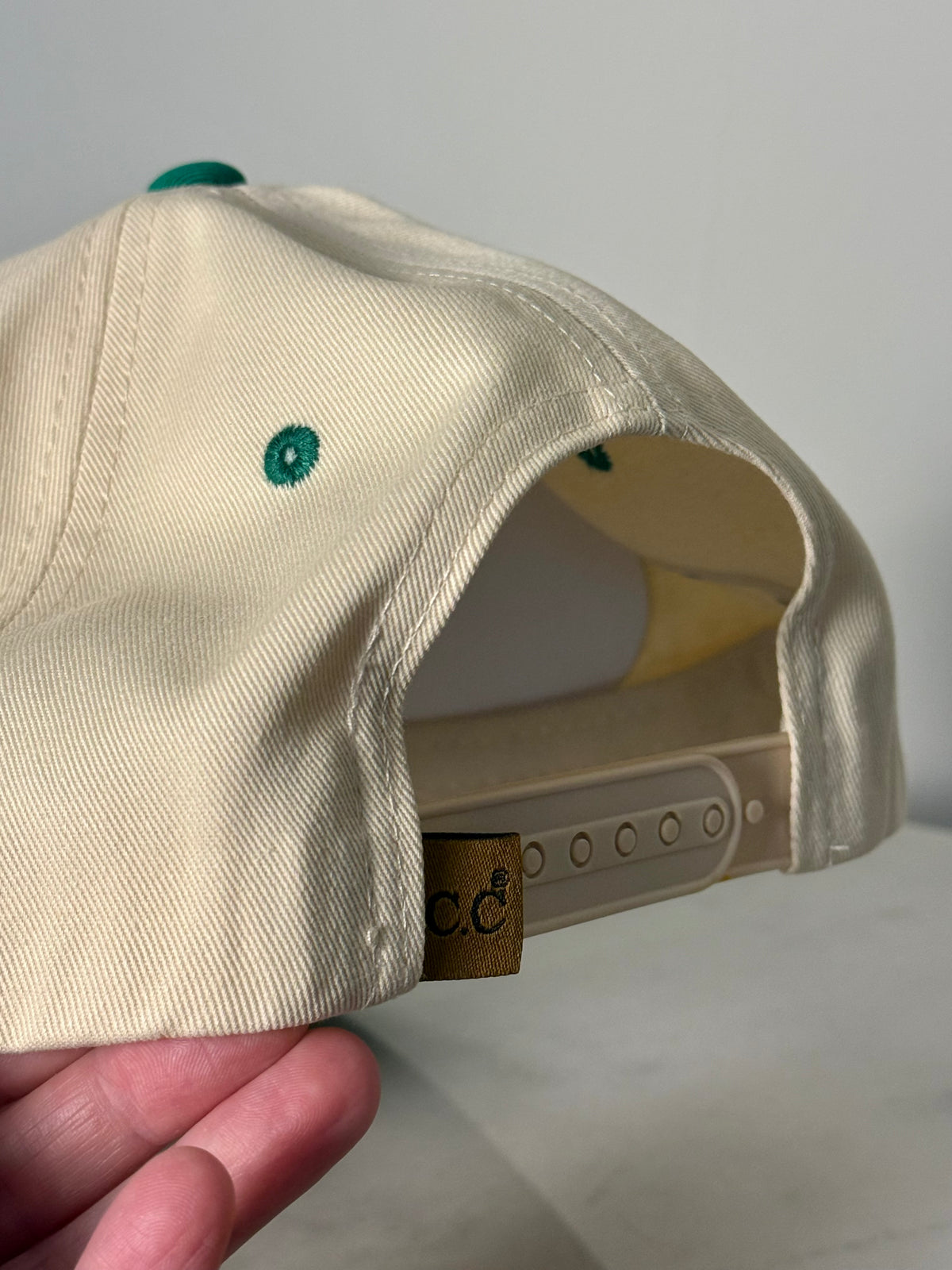 Hand painted wearable art on tan/green canvas baseball cap - Rural landscapes vibes