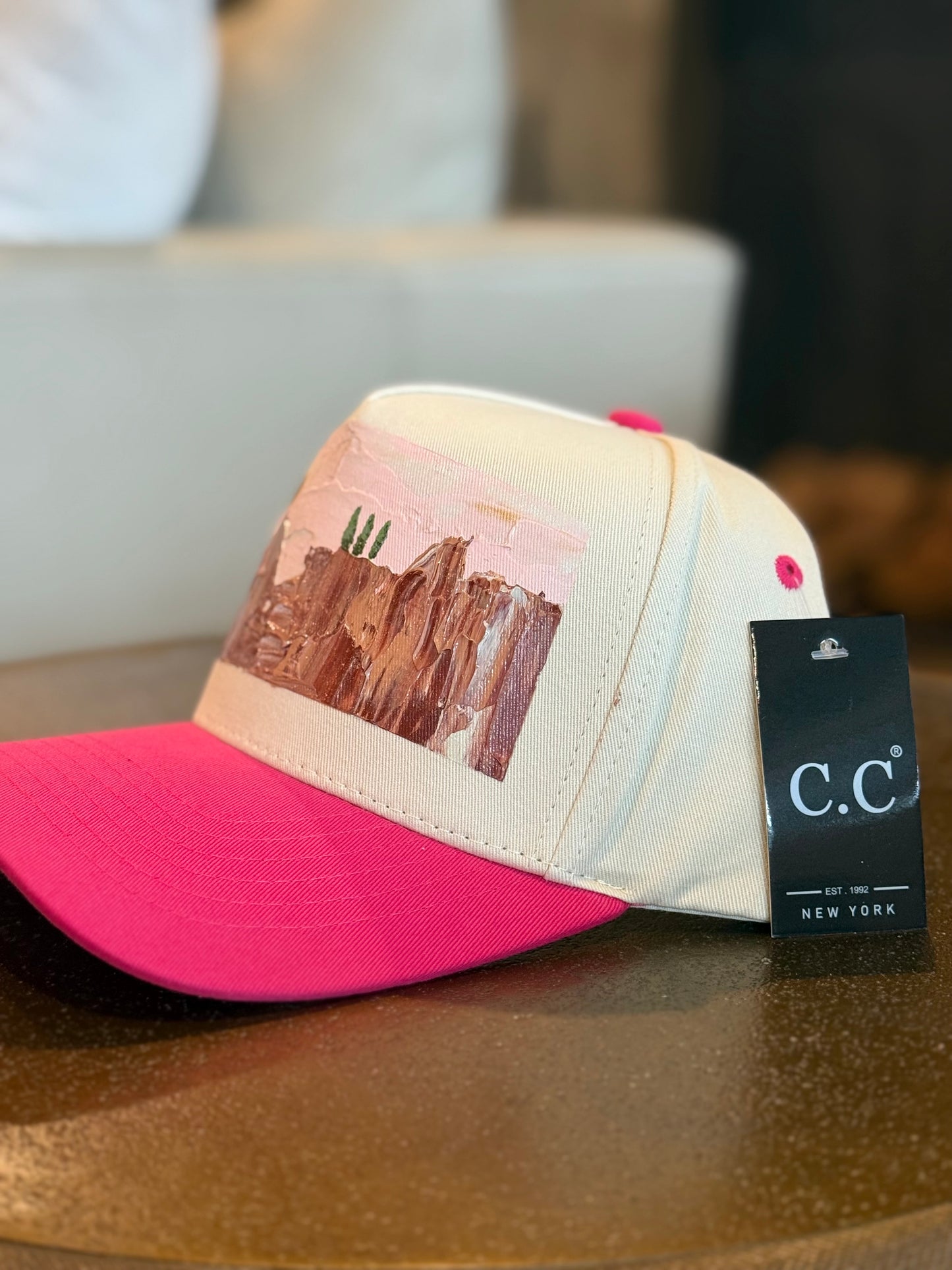 Hand painted canvas trucker hat - cream and bright pink