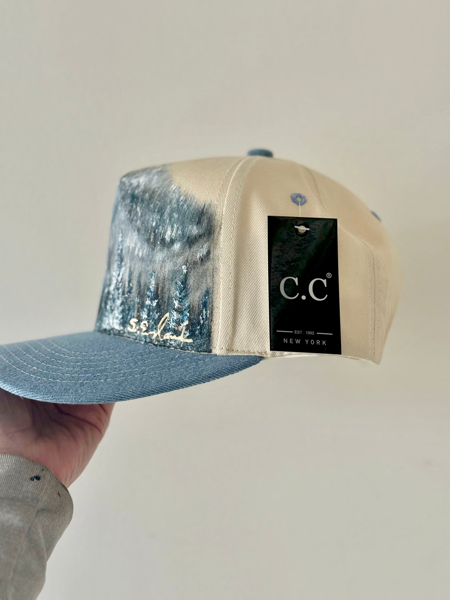 Not all that wander are lost hand painted cream and denim CC canvas trucker hat