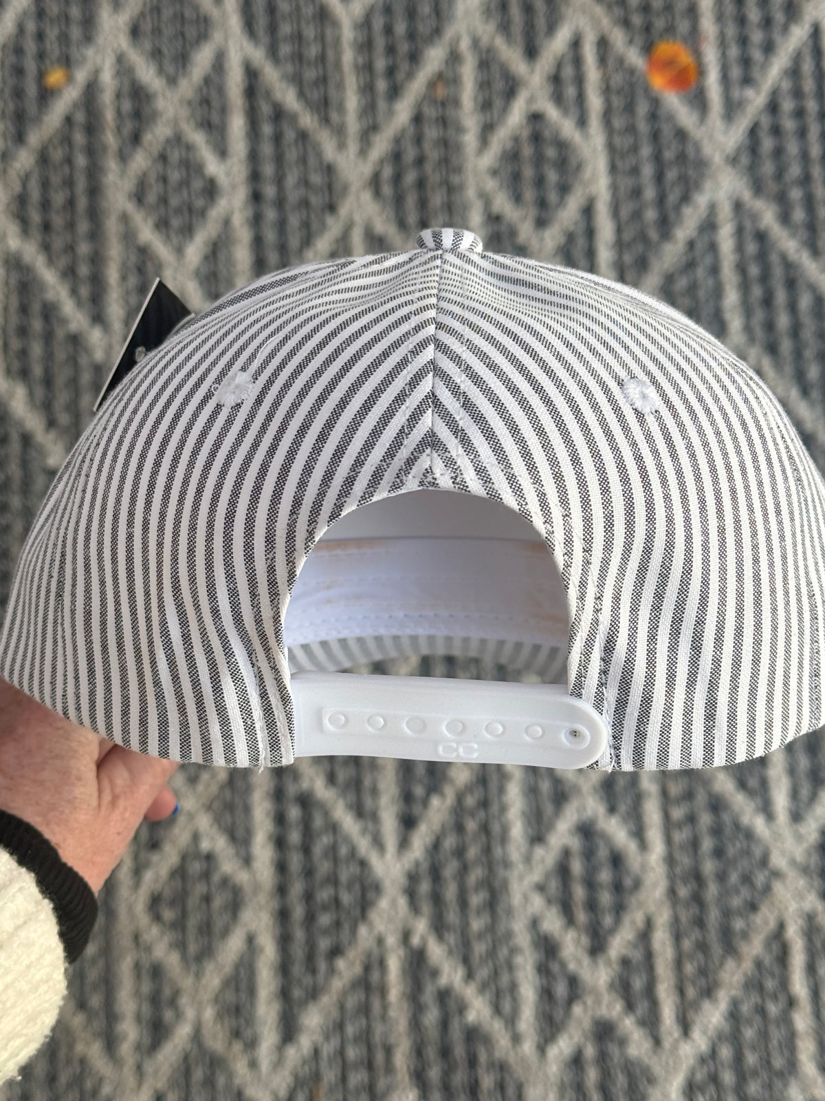 Hand painted wearable art - abstract treescape on black and cream stripped ball cap