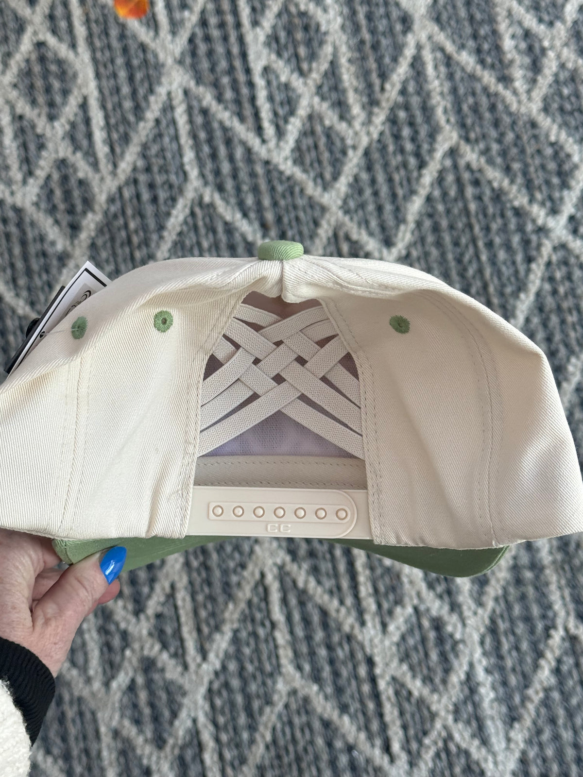 Hand painted wearable art - abstract tree scene cream/light green ball cap