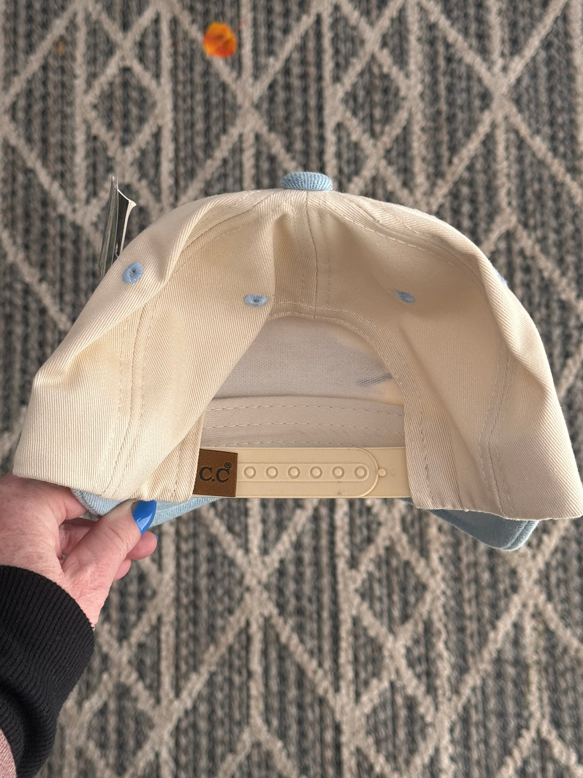 FOR SMALL HEADS...hand painted fish on a cream/light blue canvas hat