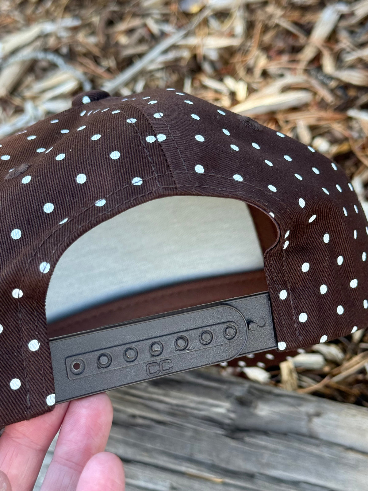 Hand painted mountain scene on brown and white polka dot canvas hat