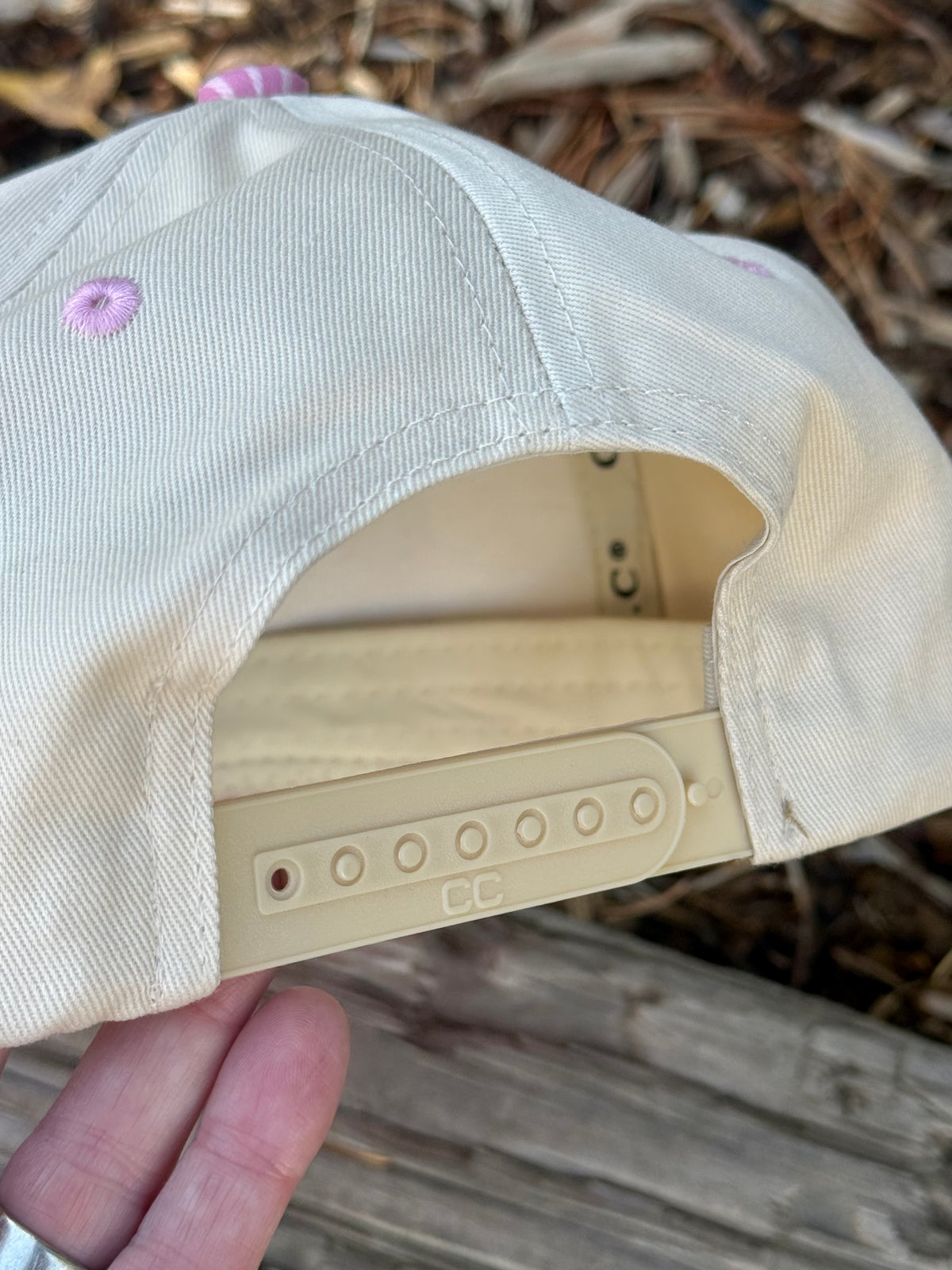 Hand painted tropical scene on pink and cream canvas hat