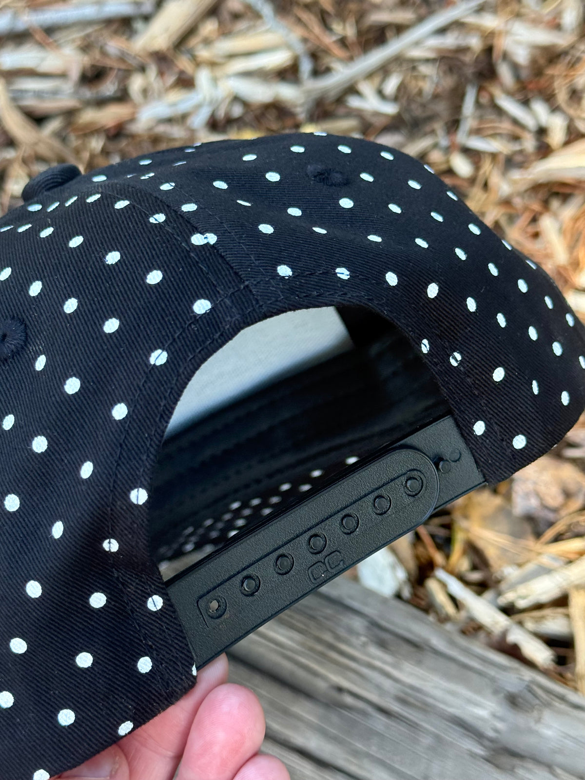 Hand painted tree scene on black and white polka dot canvas hat