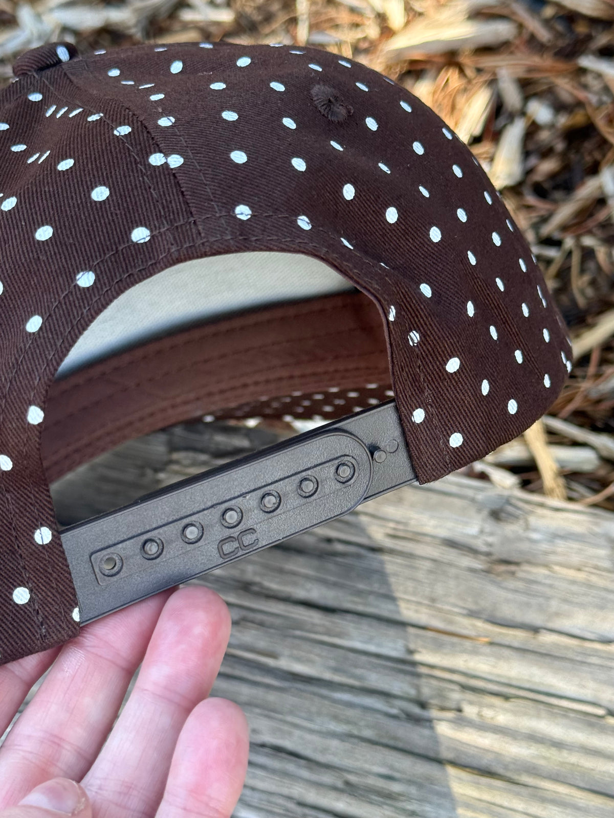 Hand painted fish on brown and white polka dot canvas hat