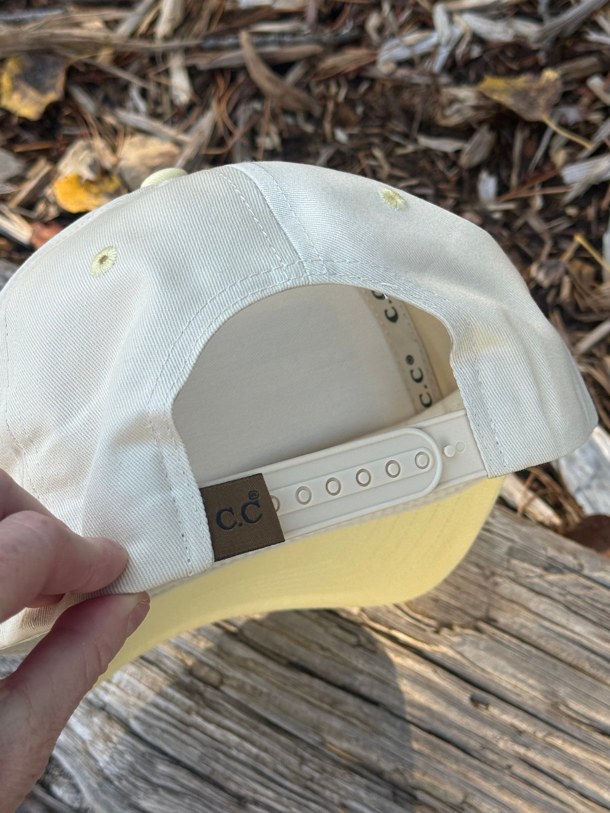 hand painted cream and yellow canvas hat - mountain scene
