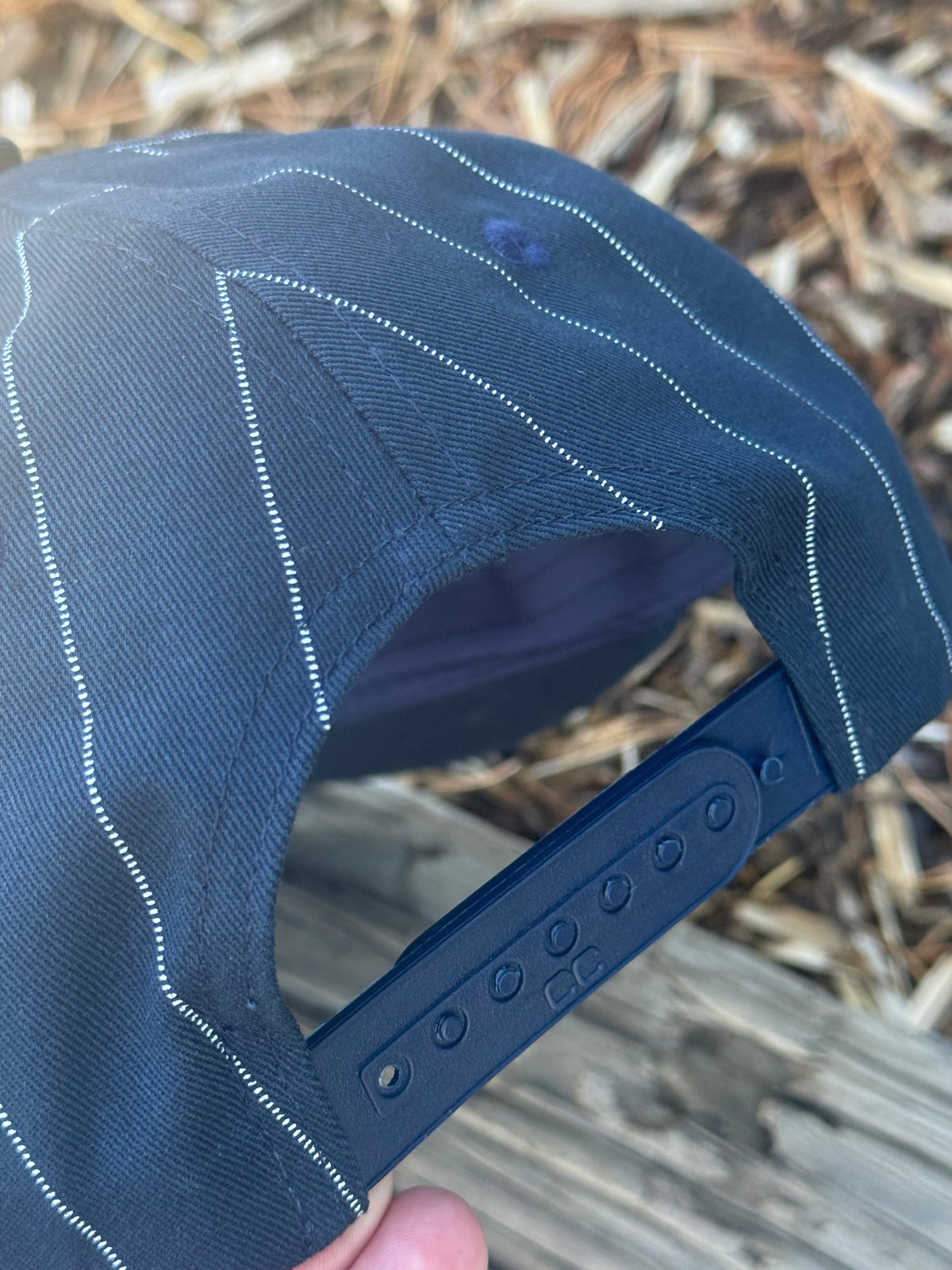 Blue and white striped canvas hat - mountain scene