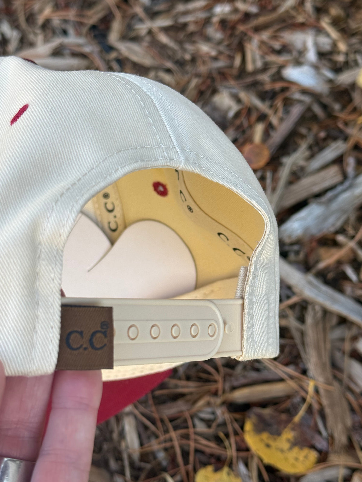 Hand painted mountain scene on cream/burgundy canvas hat