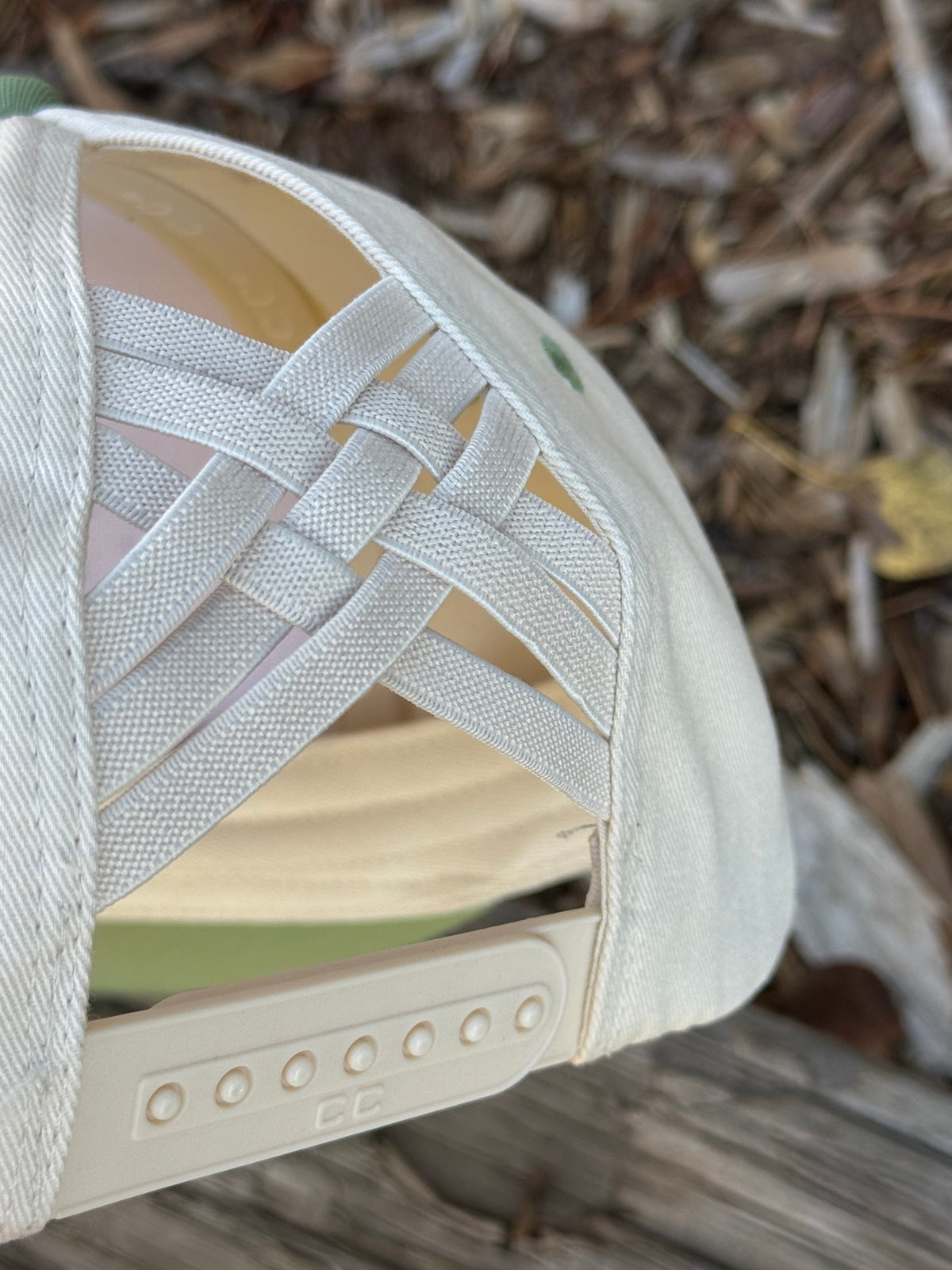 Hand painted canvas hat of cream/light green - abstract tree scene