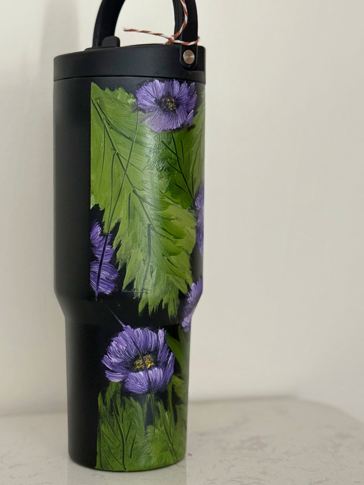 Hand painted 40oz black hydro jug - purple pansies