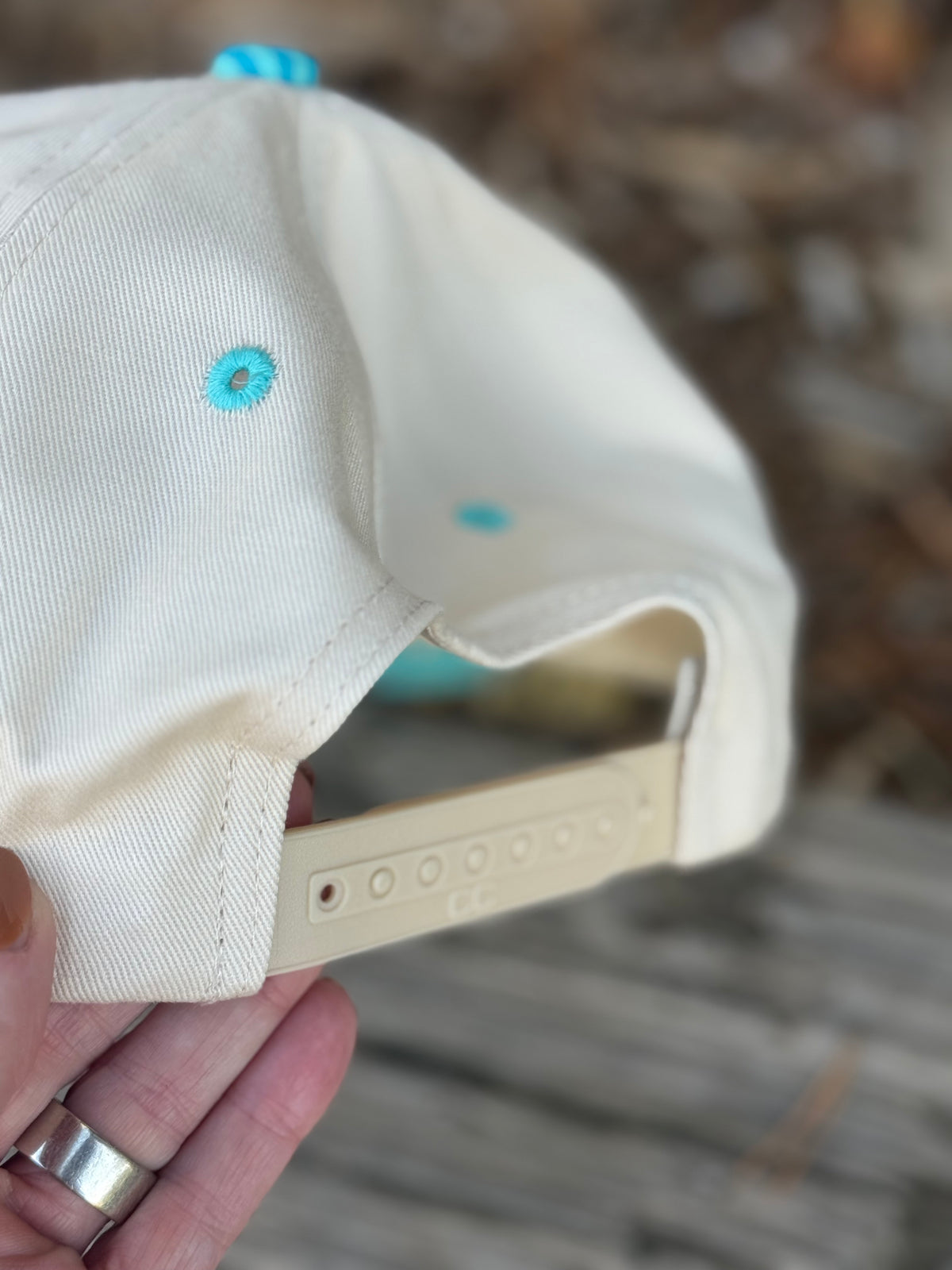 Hand painted cream/teal canvas ball cap - rural view vibes