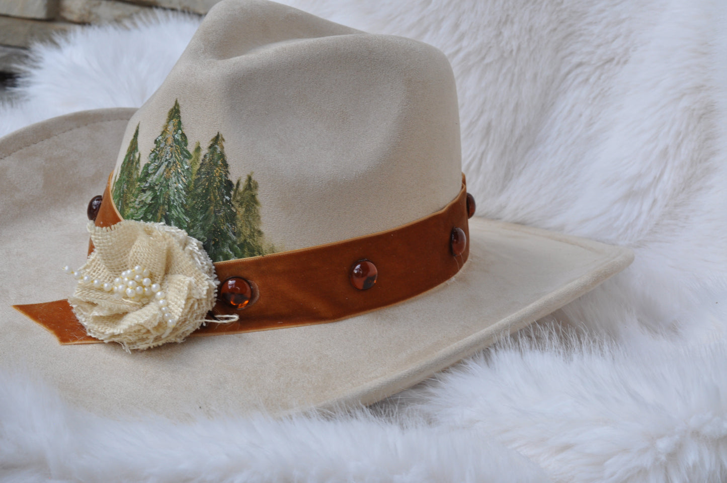 Wearable art - cream vegan suede cowgirl hat