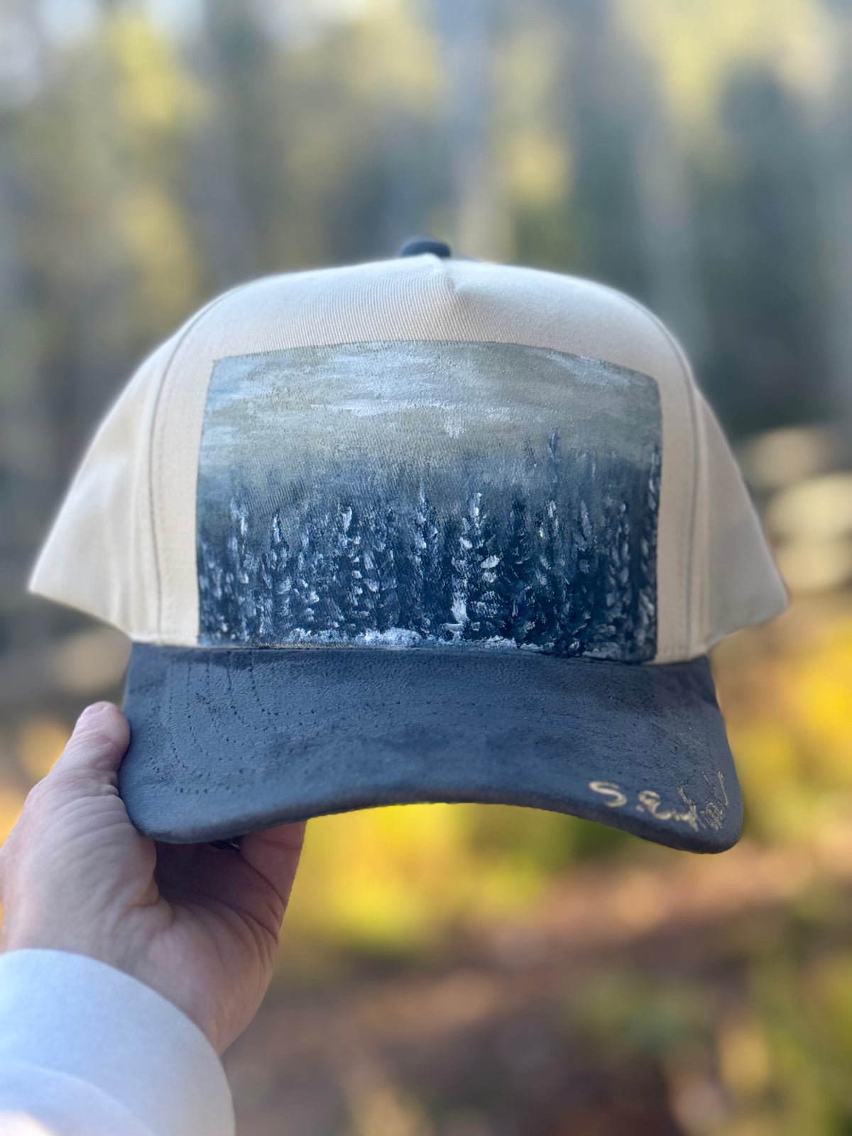 Hand painted wearable art on cream canvas/ blue grey suede baseball hat - winter landscape