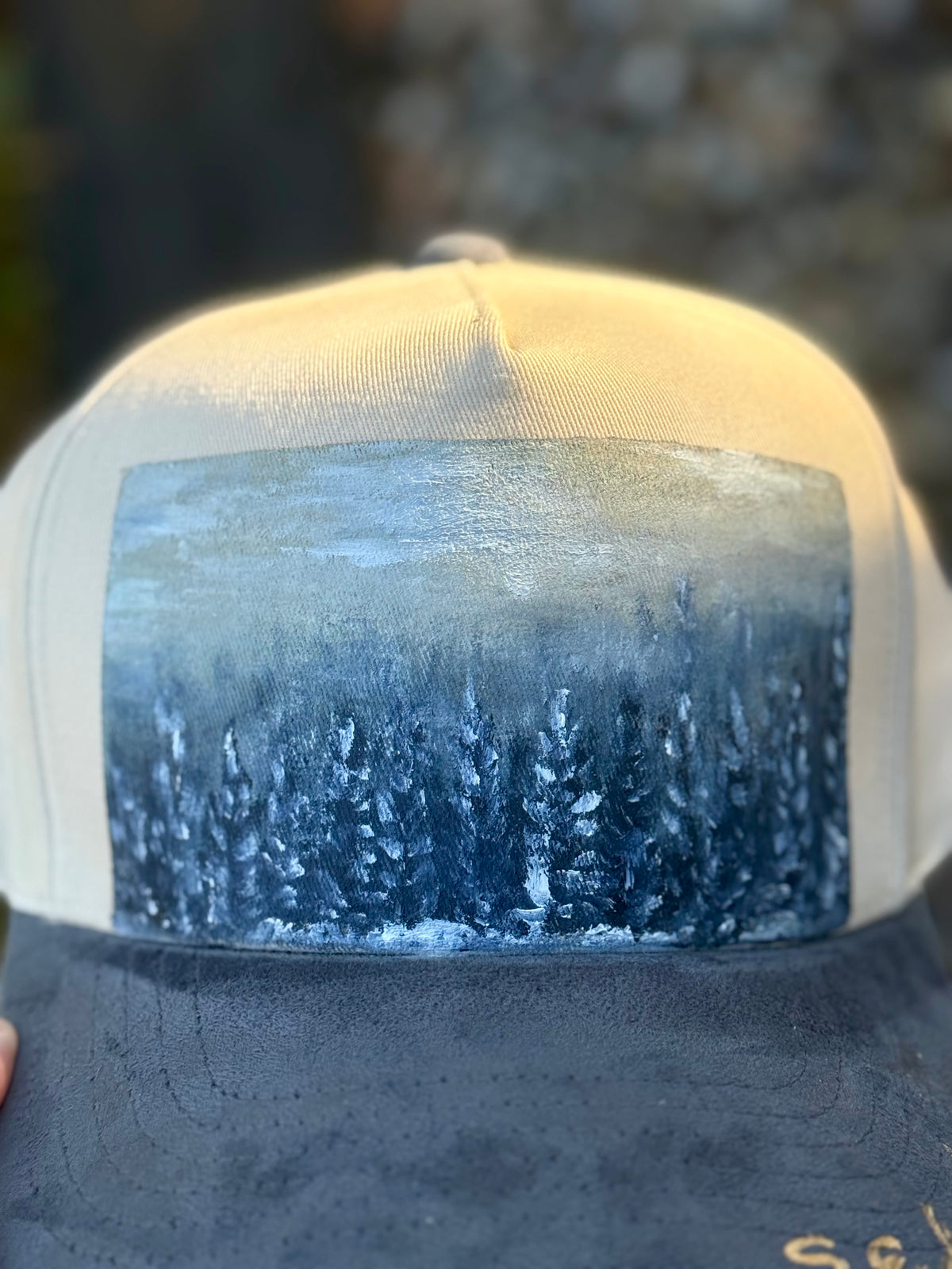 Hand painted wearable art on cream canvas/ blue grey suede baseball hat - winter landscape