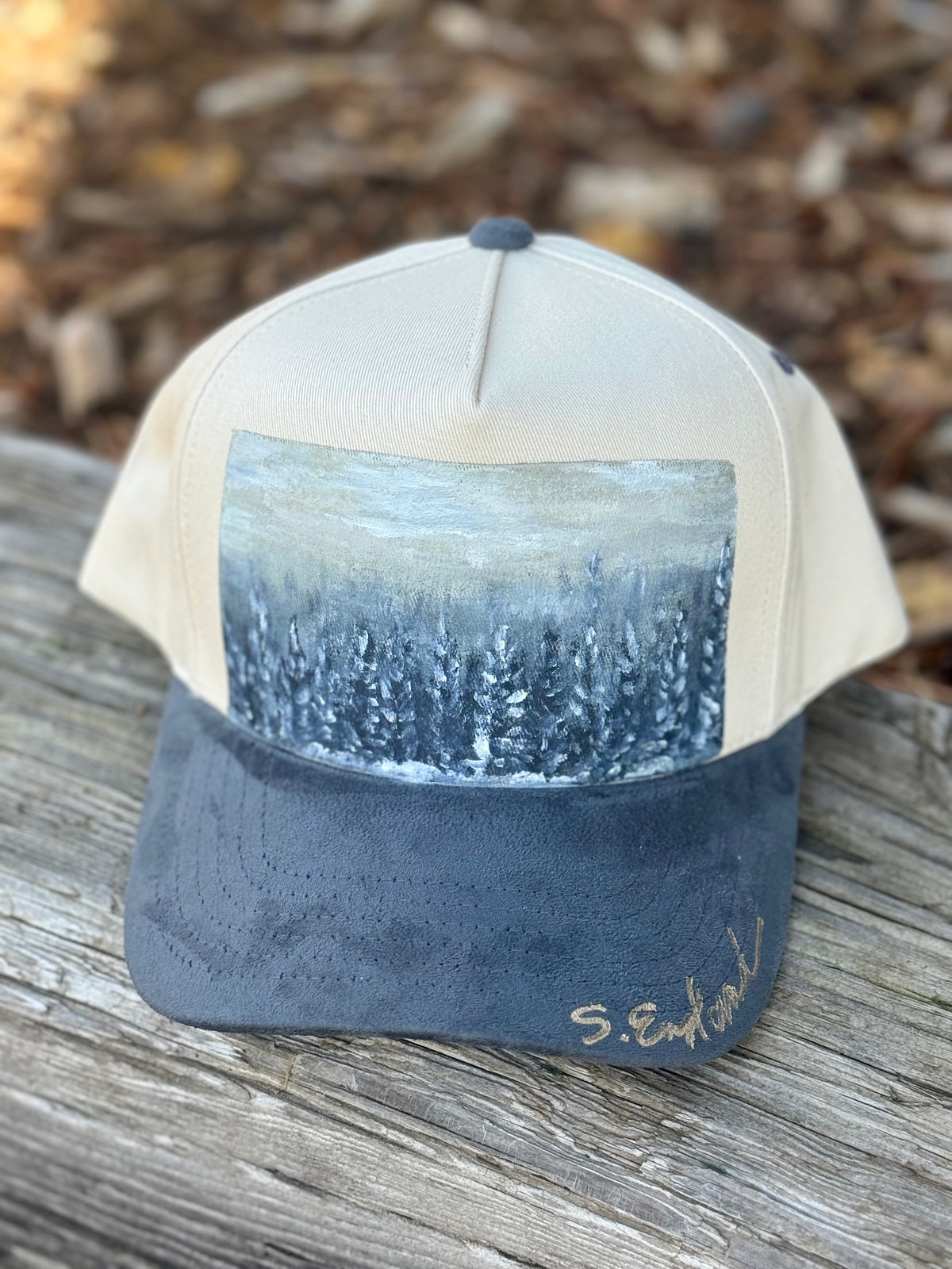 Hand painted wearable art on cream canvas/ blue grey suede baseball hat - winter landscape