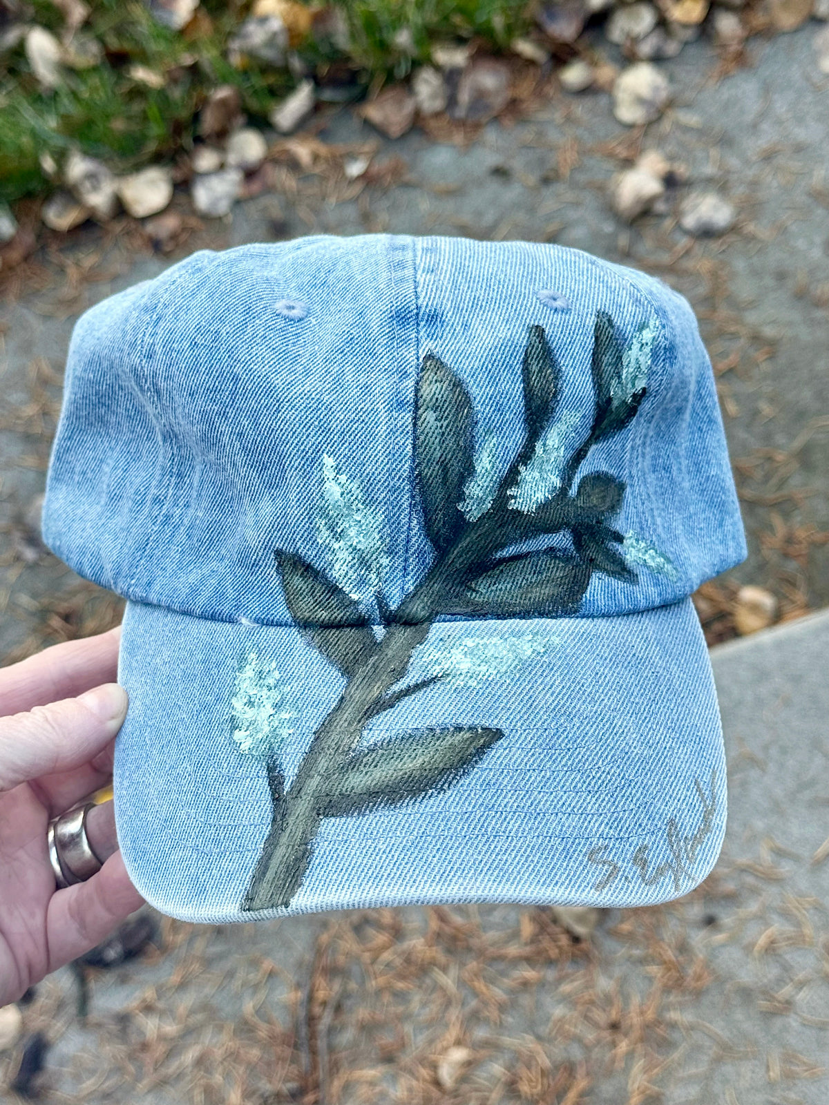 Hand painted wearable art on denim canvas baseball hat - natures wildflowers