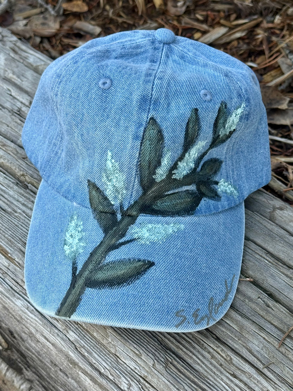 Hand painted wearable art on denim canvas baseball hat - natures wildflowers