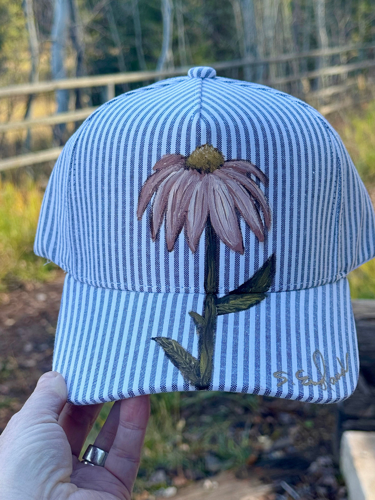 Hand painted wearable art on grey/white stripped baseball hat - cornflower