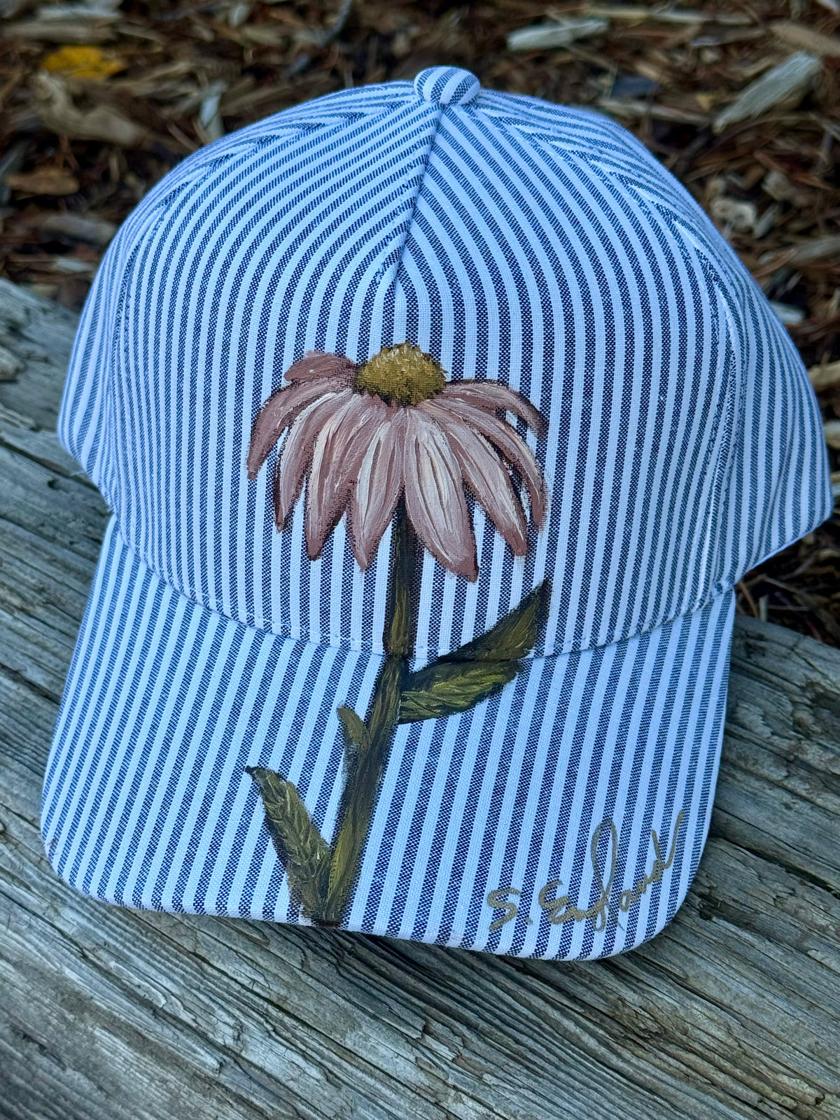 Hand painted wearable art on grey/white stripped baseball hat - cornflower