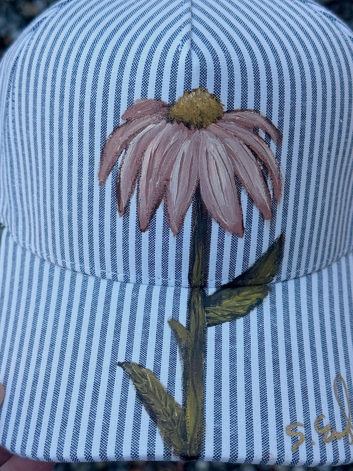 Hand painted wearable art on grey/white stripped baseball hat - cornflower