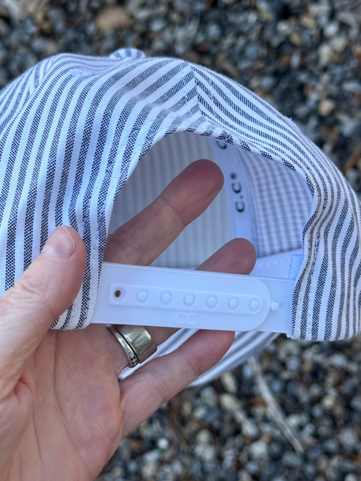 Hand painted wearable art on grey/white stripped baseball hat - cornflower