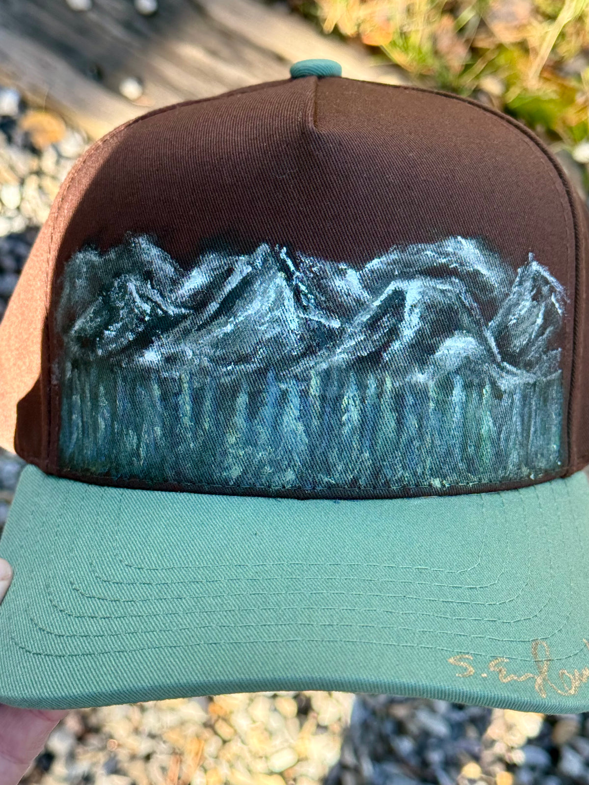 Hand painted wearable art on brown/green canvas baseball cap - mountain scenes