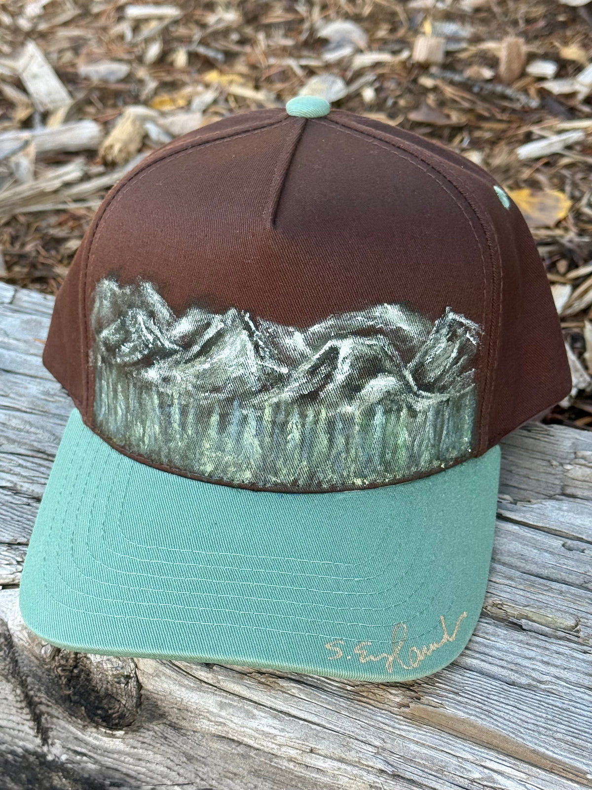 Hand painted wearable art on brown/green canvas baseball cap - mountain scenes