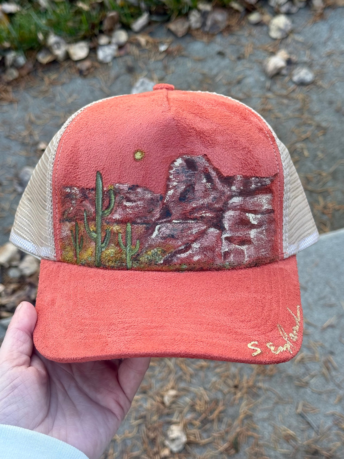 Hand painted wearable art on coral suede baseball hat - Arizona sunsets