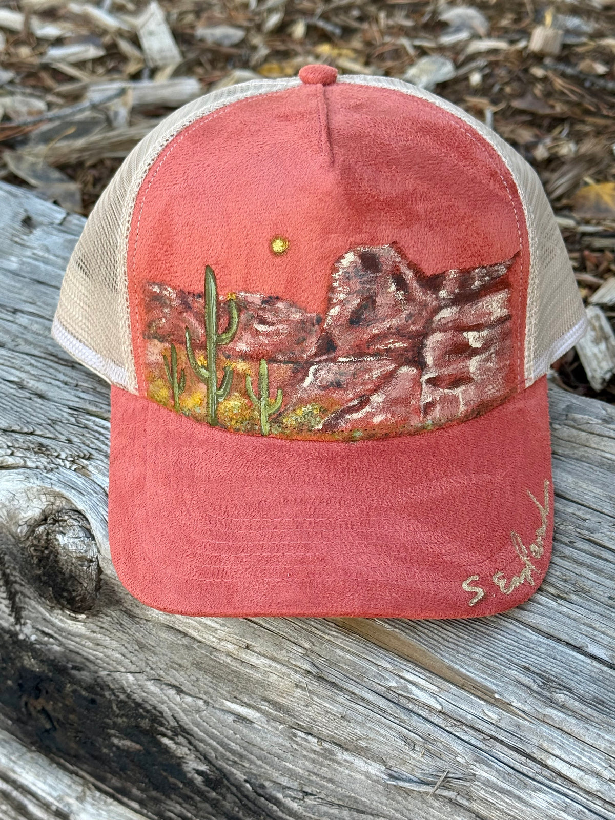 Hand painted wearable art on coral suede baseball hat - Arizona sunsets