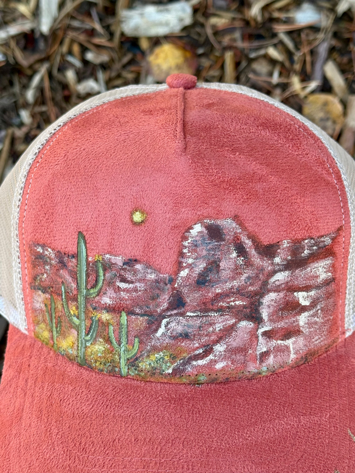 Hand painted wearable art on coral suede baseball hat - Arizona sunsets