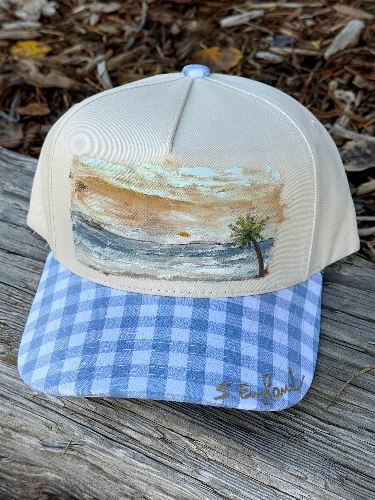 Hand painted wearable art on cream/light blue baseball cap - tropical vibes