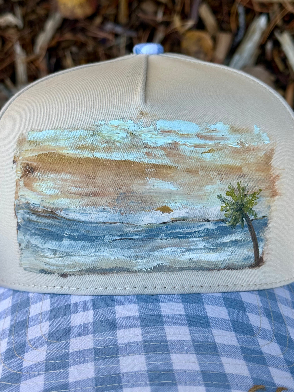 Hand painted wearable art on cream/light blue baseball cap - tropical vibes