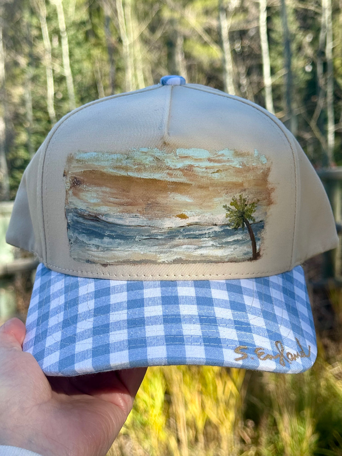 Hand painted wearable art on cream/light blue baseball cap - tropical vibes