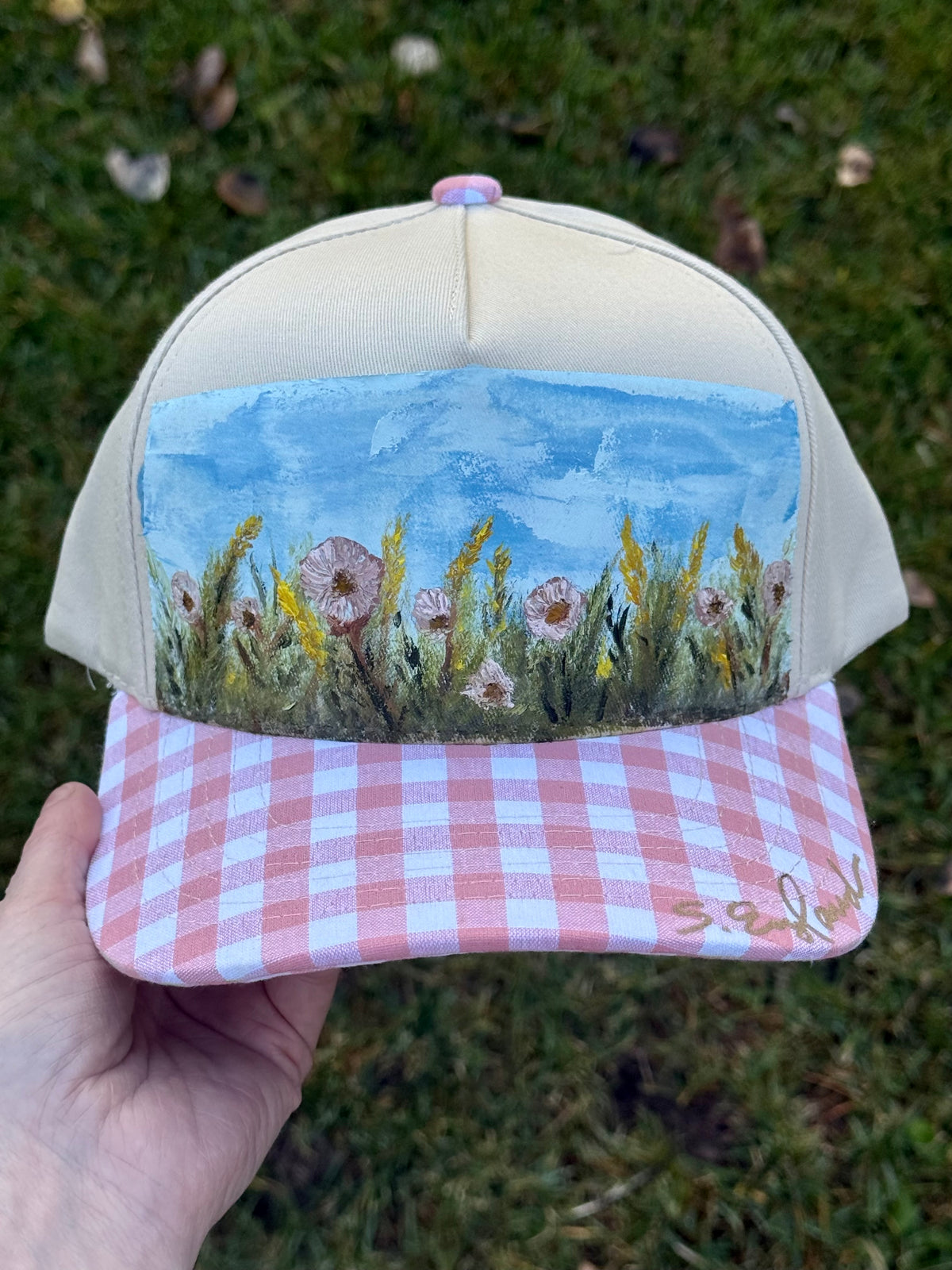 Hand painted wearable art on cream/pink canvas baseball cap - wildflower field