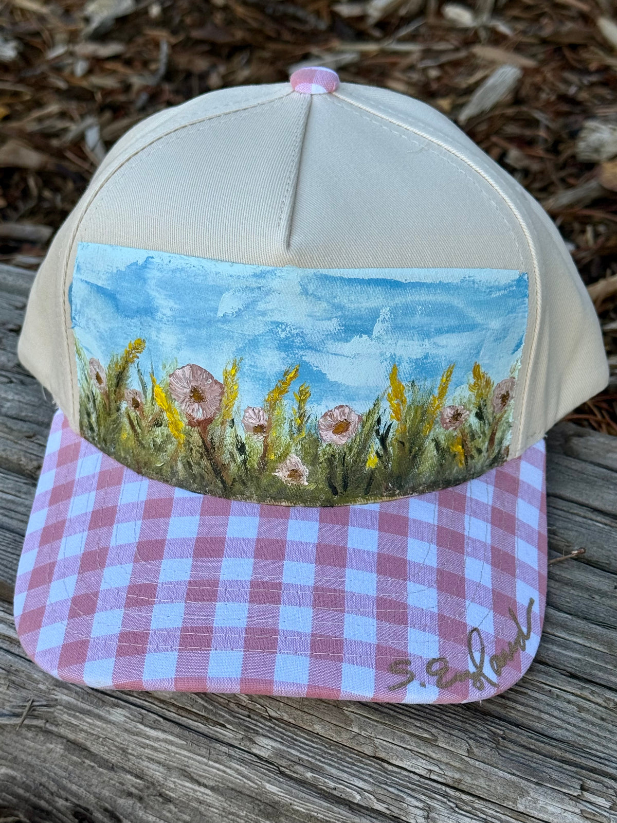 Hand painted wearable art on cream/pink canvas baseball cap - wildflower field