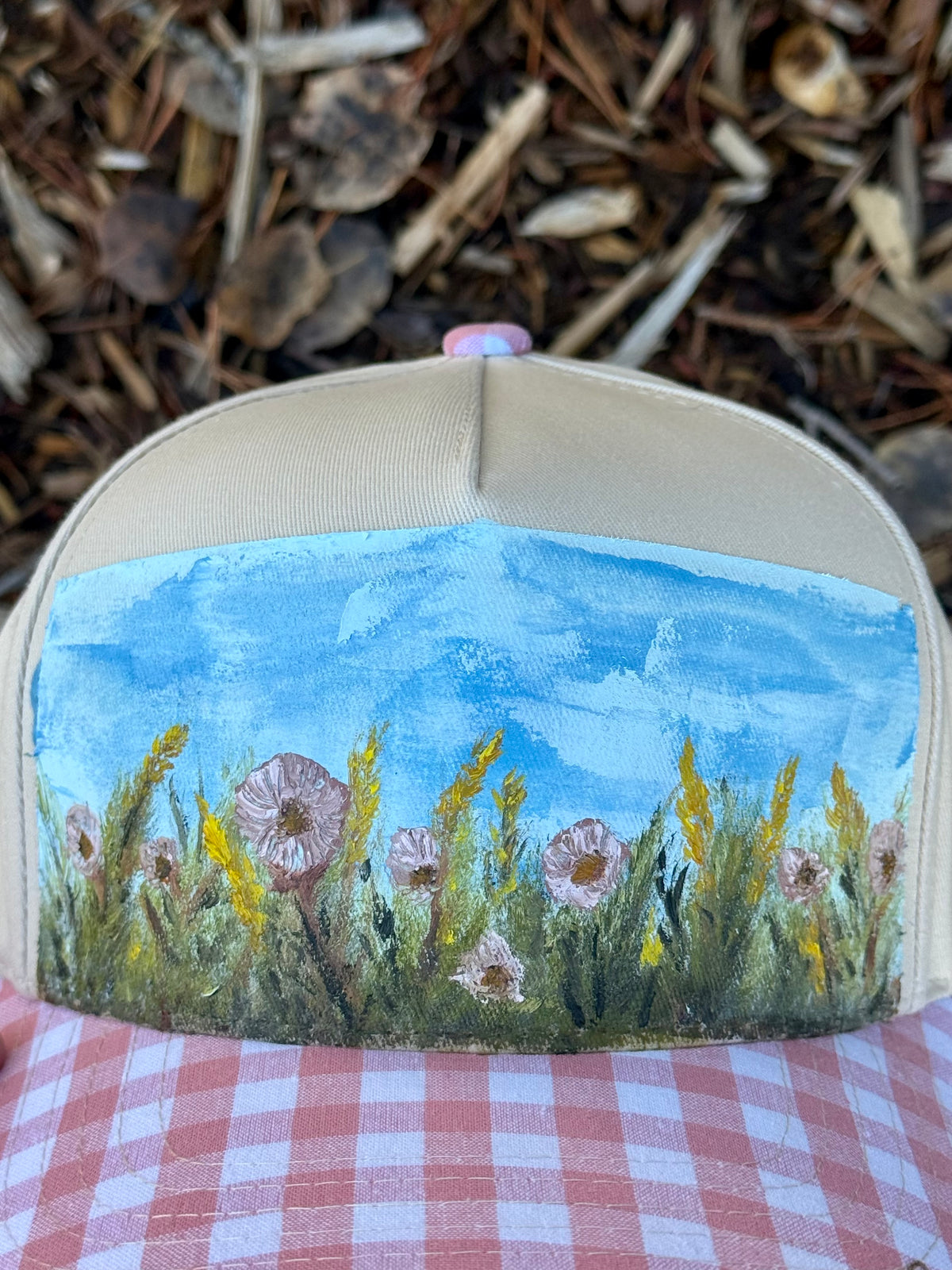 Hand painted wearable art on cream/pink canvas baseball cap - wildflower field