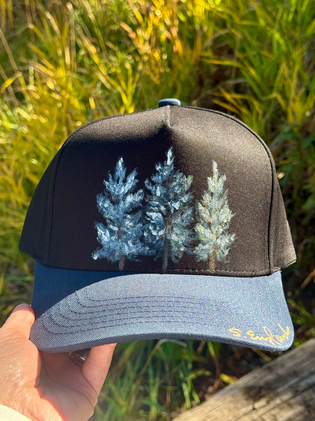Hand painted wearable art on black/navy blue canvas baseball cap - three trees