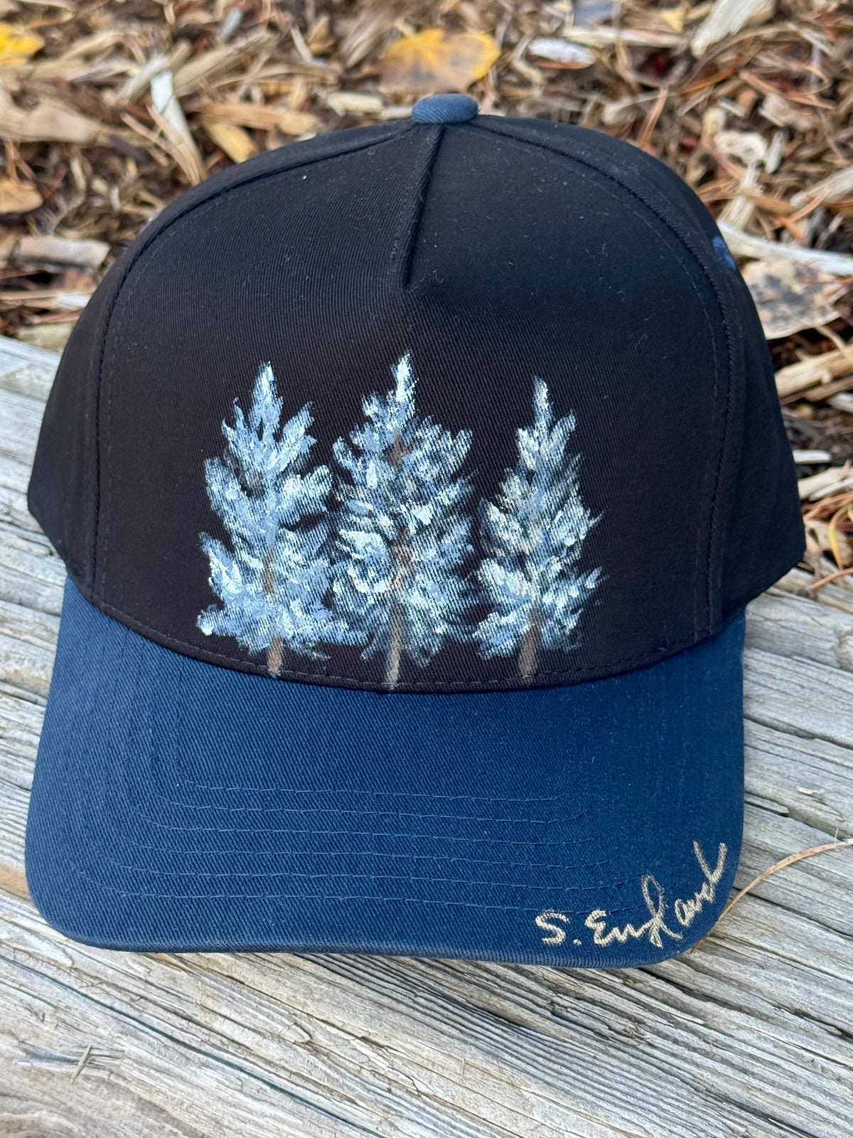 Hand painted wearable art on black/navy blue canvas baseball cap - three trees