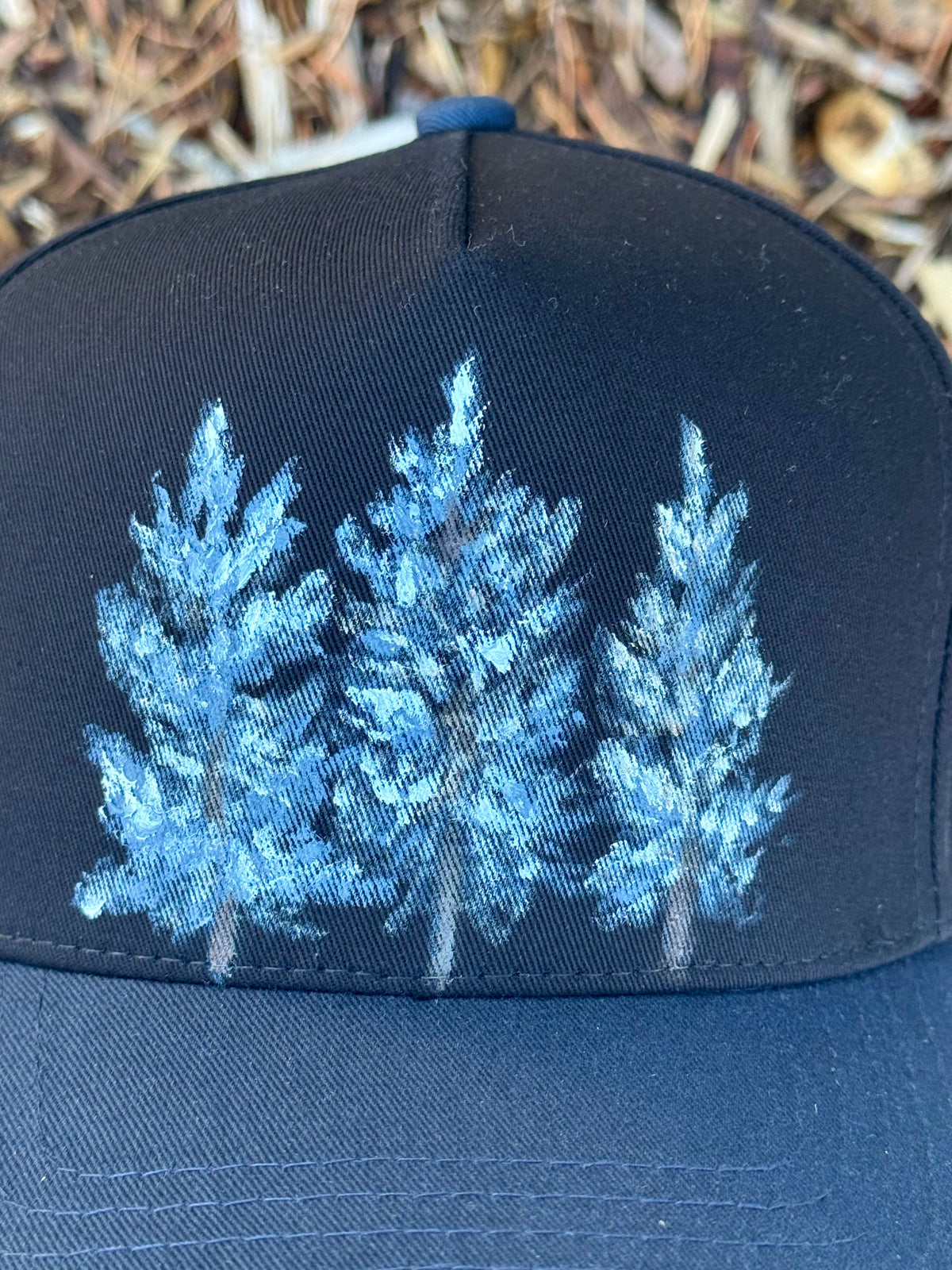 Hand painted wearable art on black/navy blue canvas baseball cap - three trees