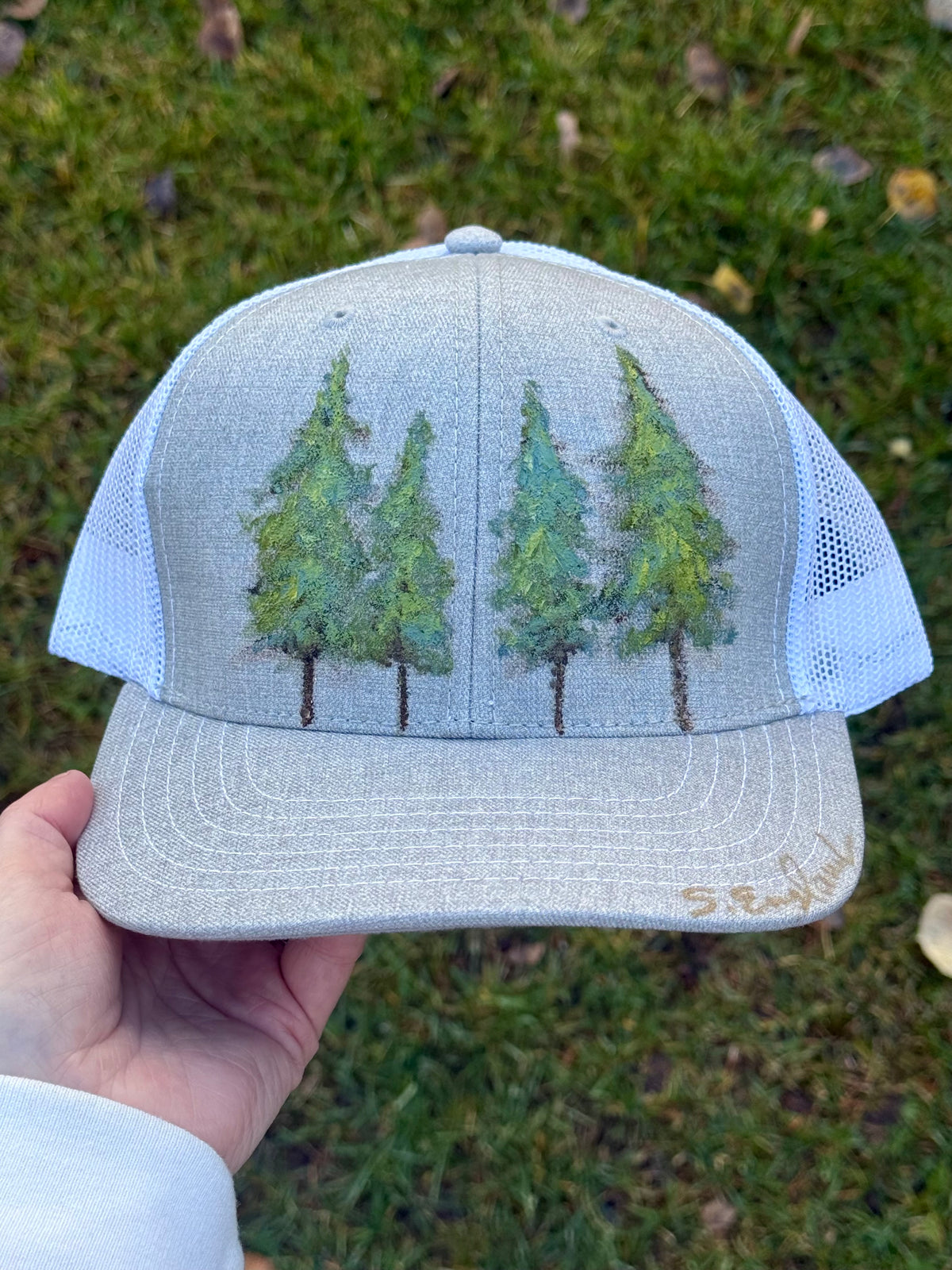 Hand painted wearable art on heather grey canvas baseball hat - four trees