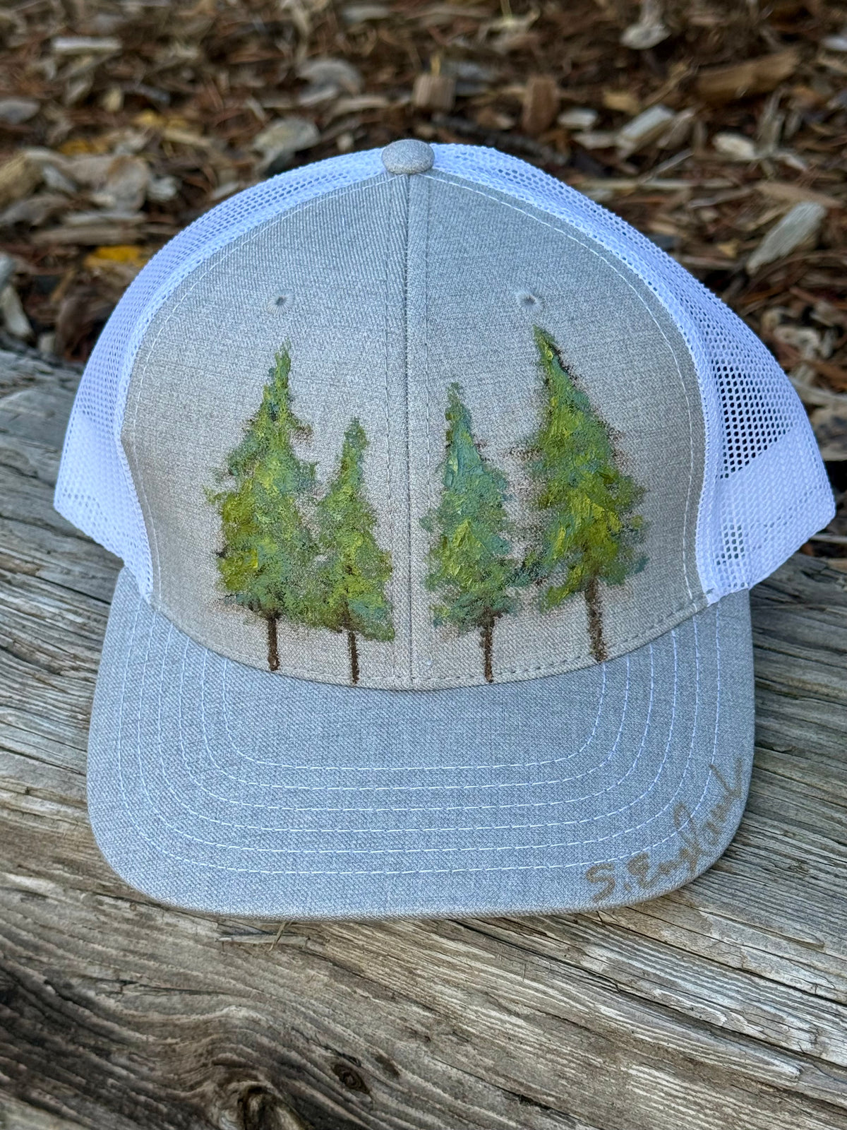 Hand painted wearable art on heather grey canvas baseball hat - four trees