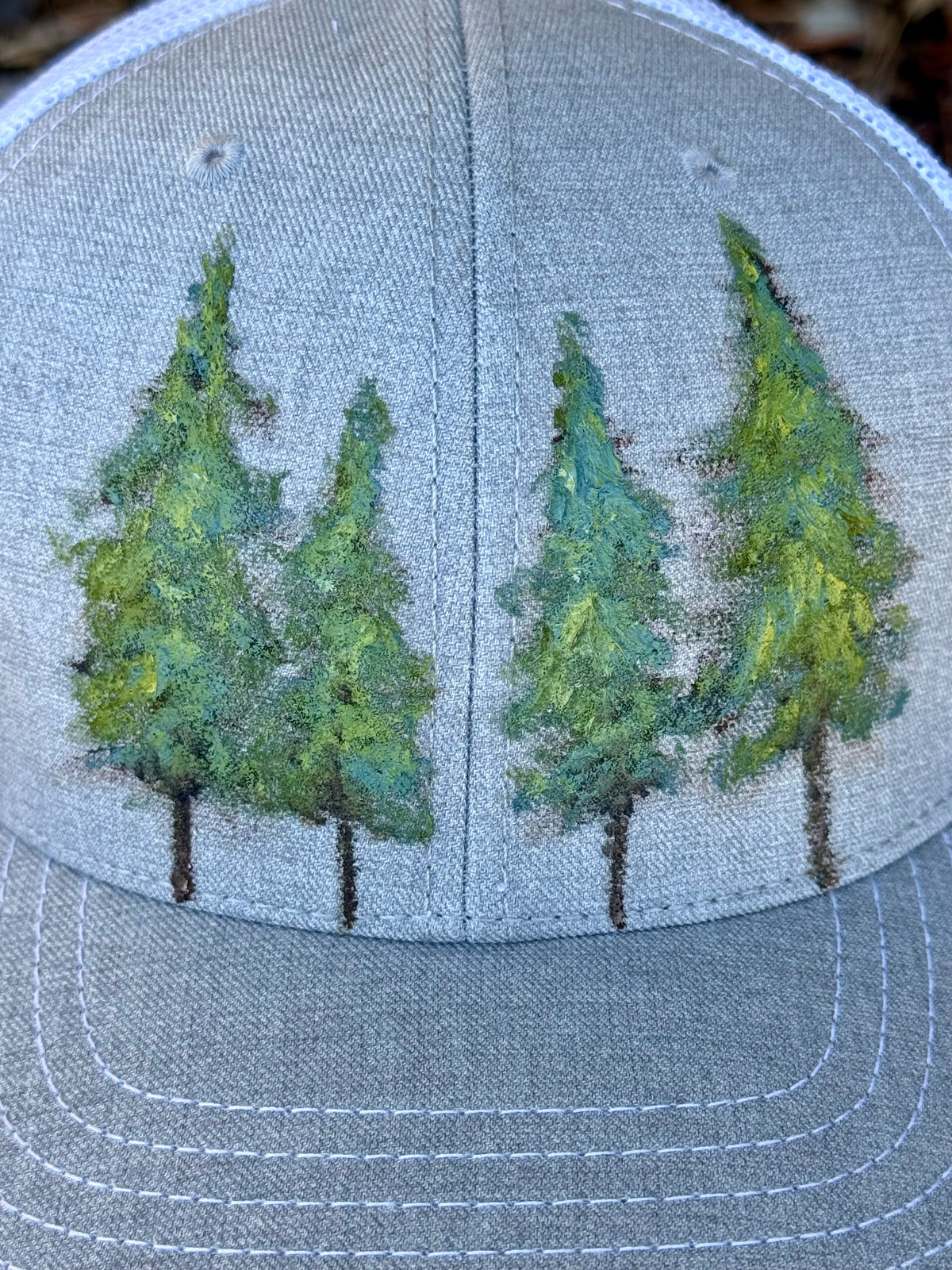 Hand painted wearable art on heather grey canvas baseball hat - four trees