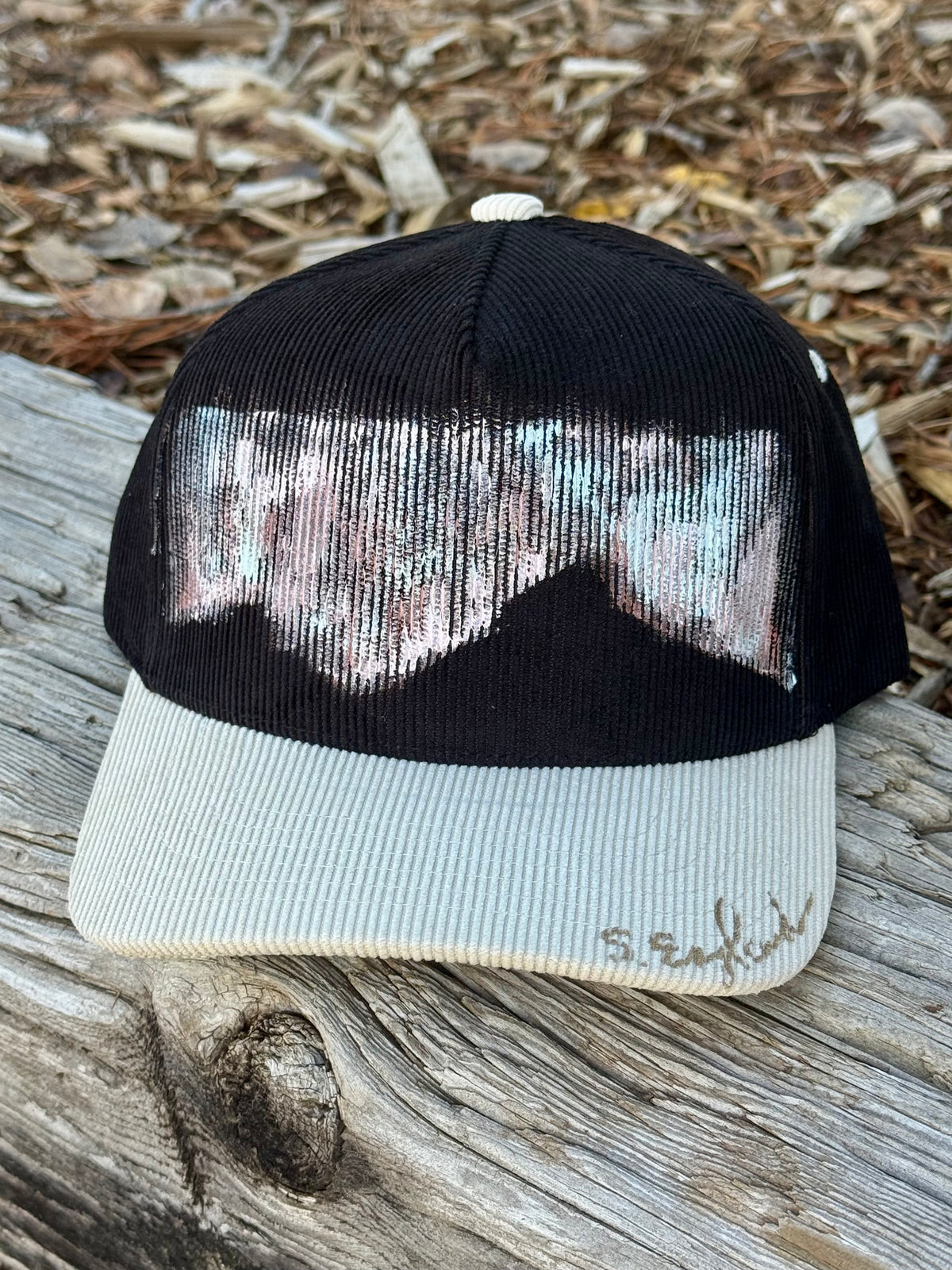 Hand painted wearable art on black/cream corduroy baseball cap - northern light mountainscape